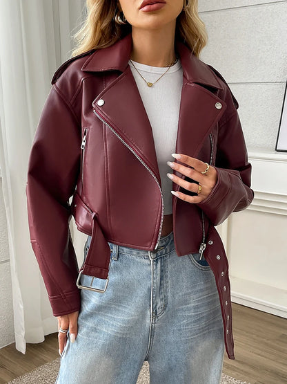 Women’s PU Leather Biker Jacket – Belted Short Coat