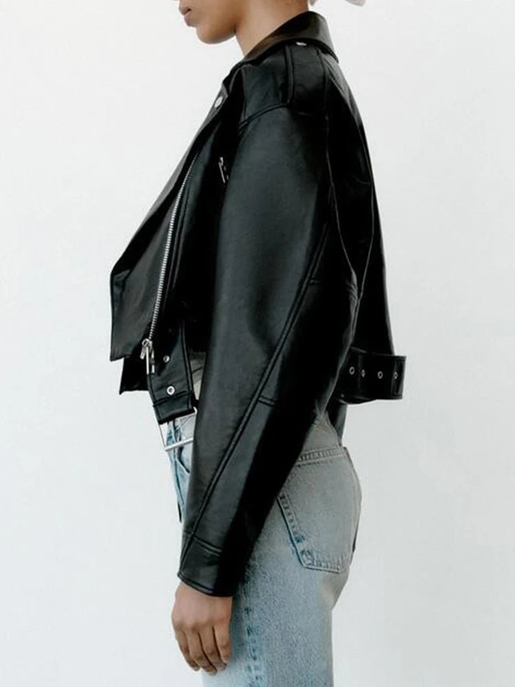 Women’s PU Leather Biker Jacket – Belted Short Coat