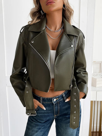 Women’s PU Leather Biker Jacket – Belted Short Coat