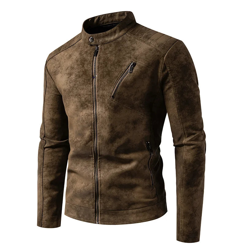 Men’s Windproof Leather Jacket – Retro Stand Collar Coat