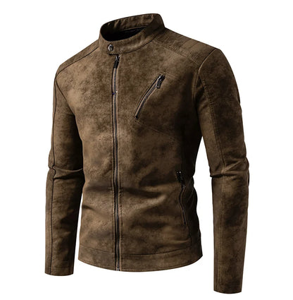 Men’s Windproof Leather Jacket – Retro Stand Collar Coat