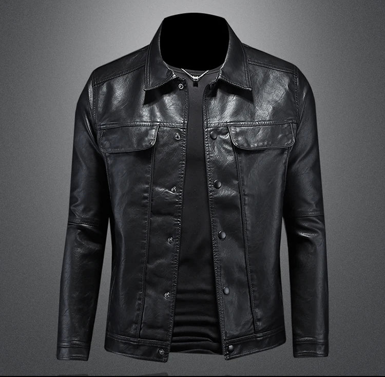 Men’s Solid Color Leather Coat – Slim Fit Moto Jacket