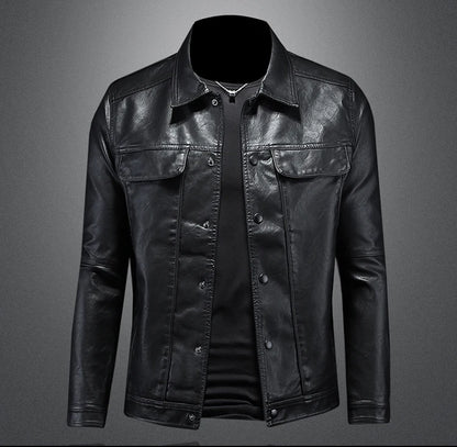 Men’s Solid Color Leather Coat – Slim Fit Moto Jacket