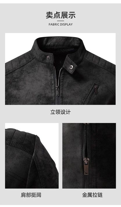 Men’s Windproof Leather Jacket – Retro Stand Collar Coat