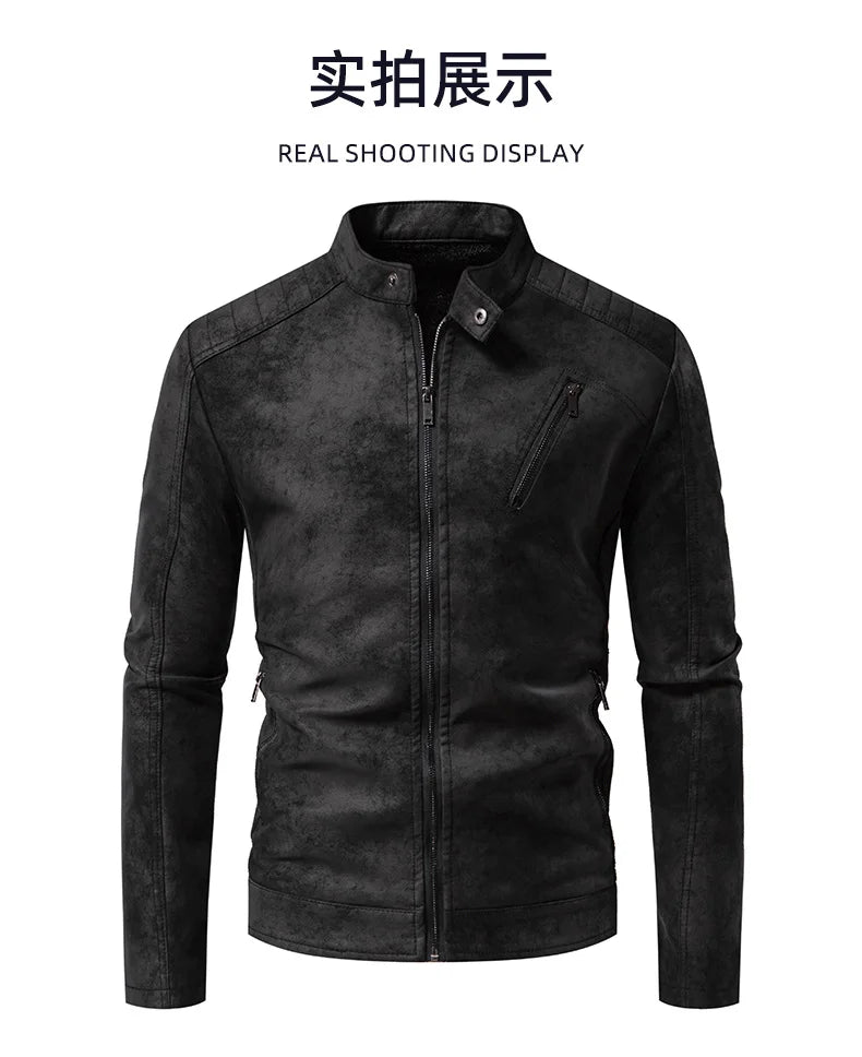 Men’s Windproof Leather Jacket – Retro Stand Collar Coat