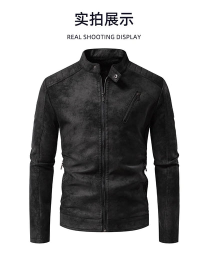 Men’s Windproof Leather Jacket – Retro Stand Collar Coat