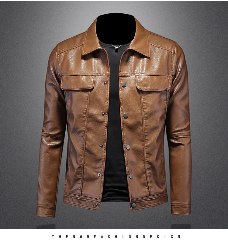 Men’s Solid Color Leather Coat – Slim Fit Moto Jacket