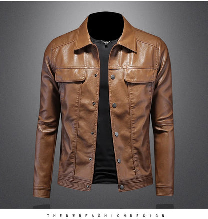 Men’s Solid Color Leather Coat – Slim Fit Moto Jacket