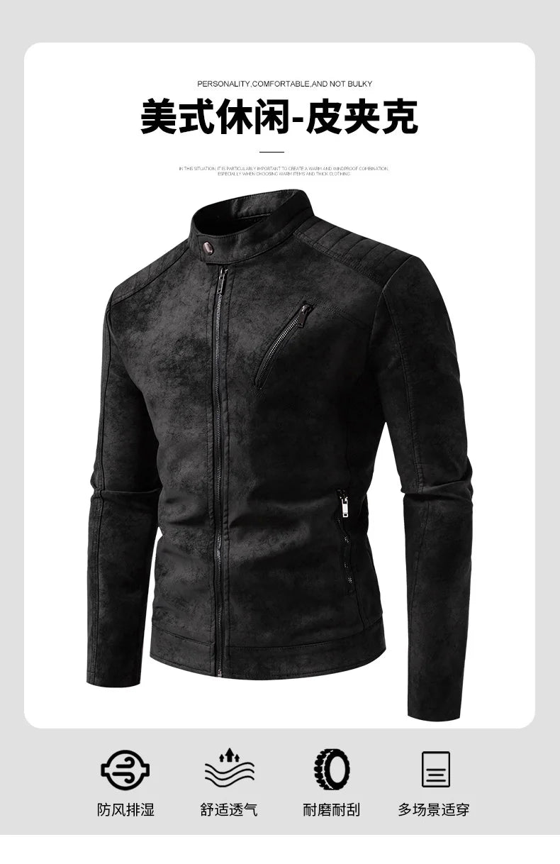 Men’s Windproof Leather Jacket – Retro Stand Collar Coat