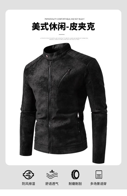 Men’s Windproof Leather Jacket – Retro Stand Collar Coat