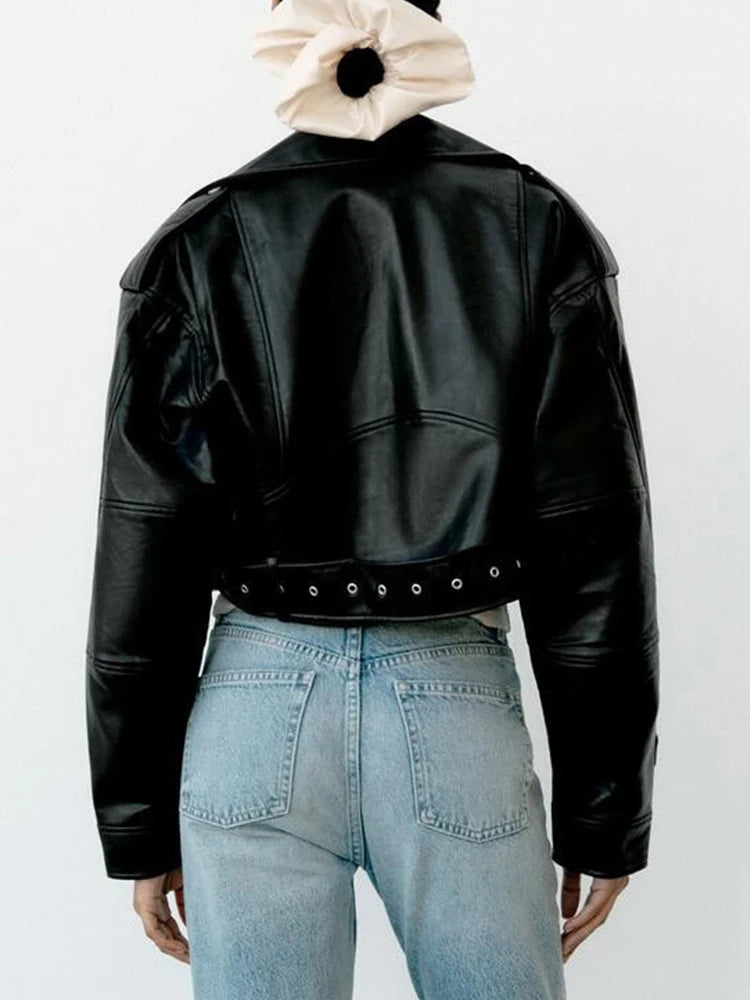 Women’s PU Leather Biker Jacket – Belted Short Coat