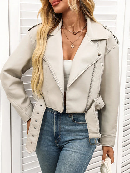 Women’s PU Leather Biker Jacket – Belted Short Coat