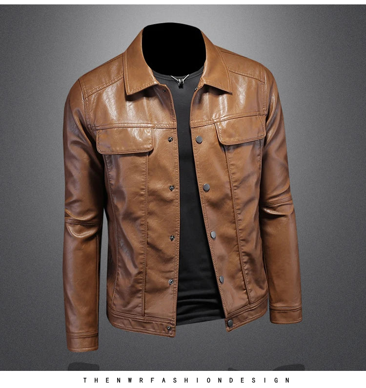 Men’s Solid Color Leather Coat – Slim Fit Moto Jacket