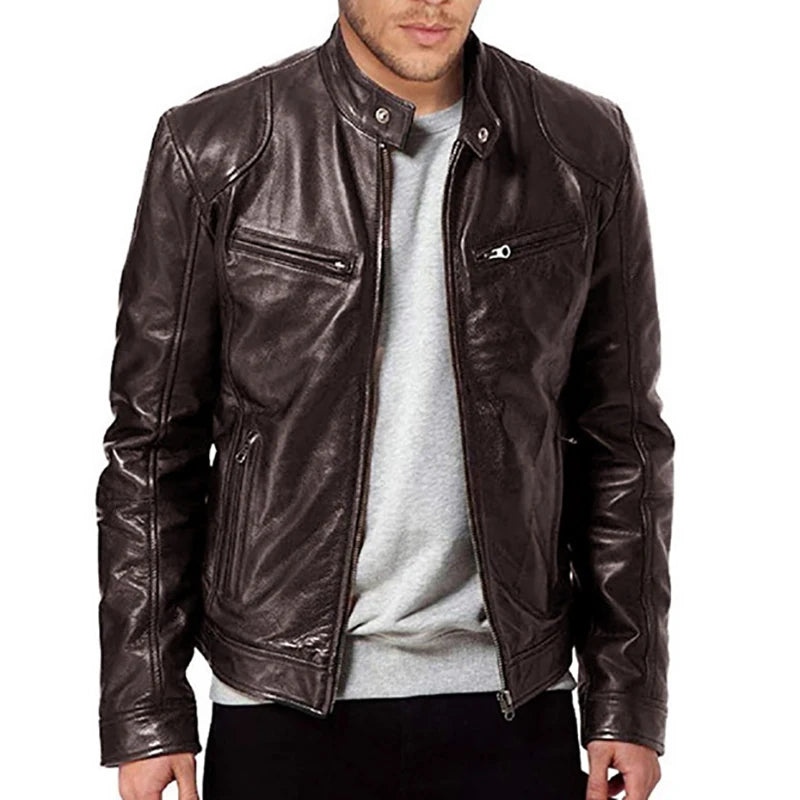 Men’s Motorcycle PU Leather Jacket – Slim Fit Coat