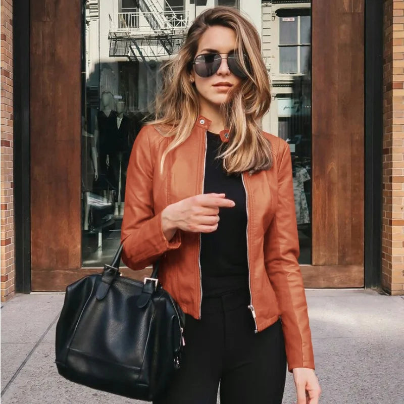 Women’s Slim PU Leather Jacket – Moto Biker Coat