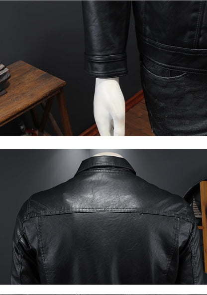 Men’s Solid Color Leather Coat – Slim Fit Moto Jacket