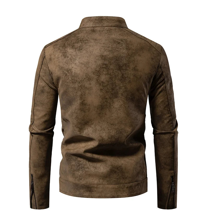 Men’s Windproof Leather Jacket – Retro Stand Collar Coat