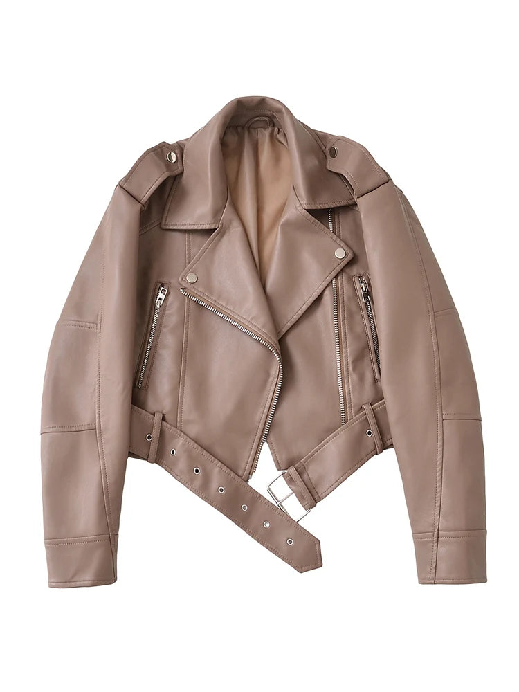 Women’s PU Leather Biker Jacket – Belted Short Coat