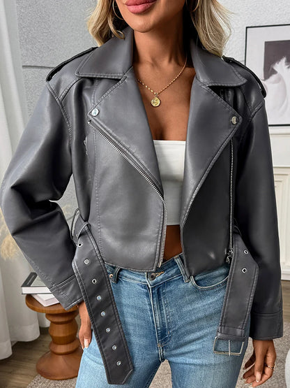 Women’s PU Leather Biker Jacket – Belted Short Coat