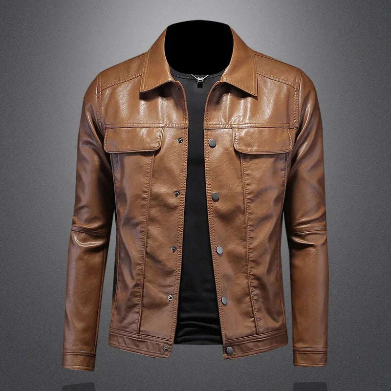Men’s Solid Color Leather Coat – Slim Fit Moto Jacket
