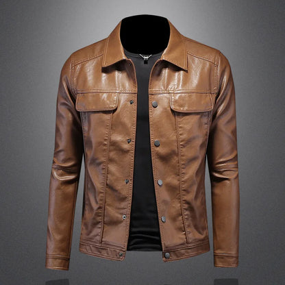 Men’s Solid Color Leather Coat – Slim Fit Moto Jacket