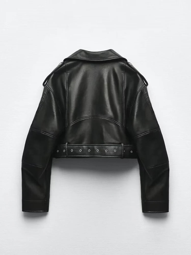 Women’s PU Leather Biker Jacket – Belted Short Coat