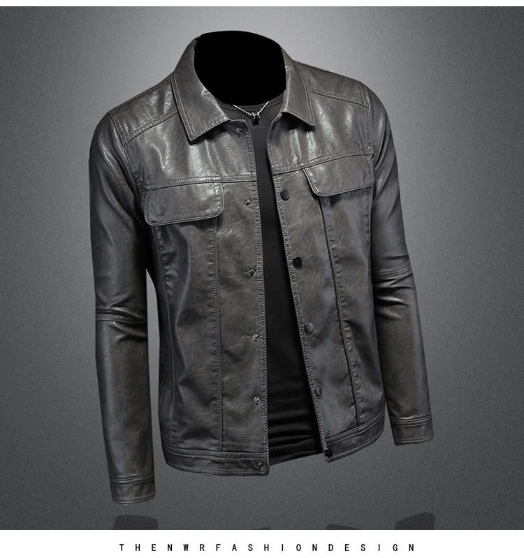 Men’s Solid Color Leather Coat – Slim Fit Moto Jacket