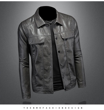 Men’s Solid Color Leather Coat – Slim Fit Moto Jacket