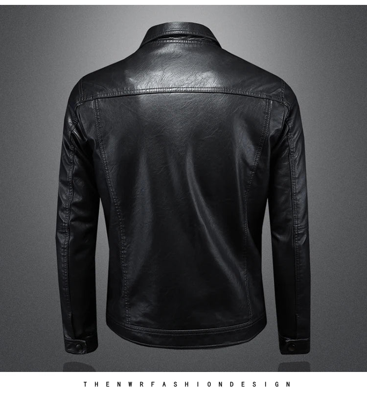 Men’s Solid Color Leather Coat – Slim Fit Moto Jacket
