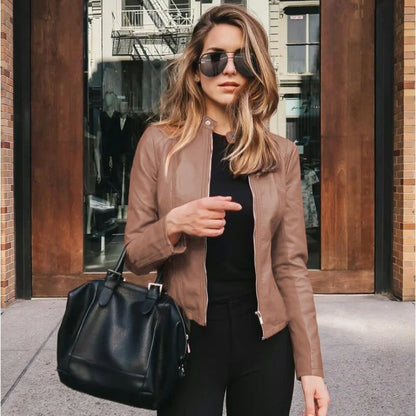 Women’s Slim PU Leather Jacket – Moto Biker Coat