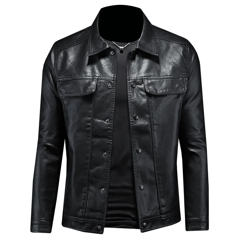 Men’s Solid Color Leather Coat – Slim Fit Moto Jacket