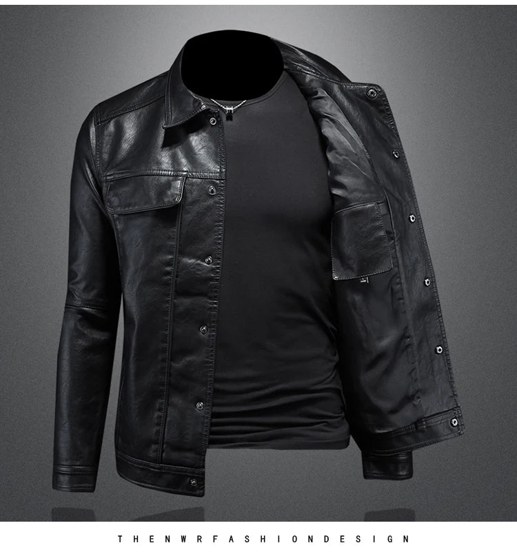Men’s Solid Color Leather Coat – Slim Fit Moto Jacket