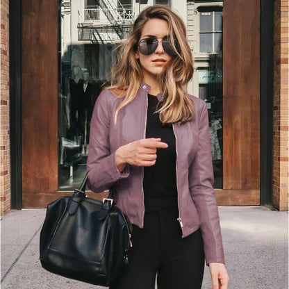 Women’s Slim PU Leather Jacket – Moto Biker Coat