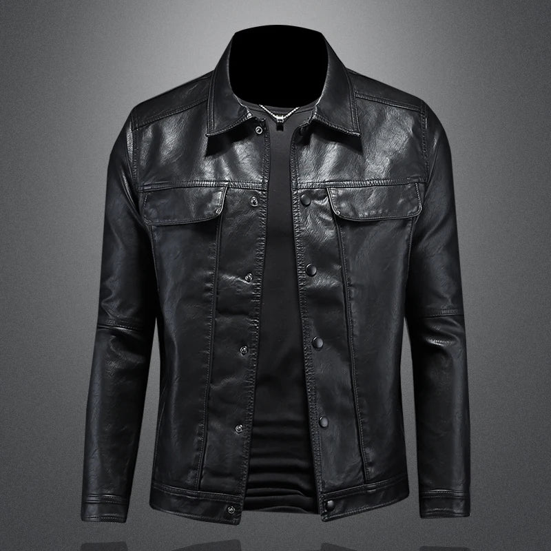 Men’s Solid Color Leather Coat – Slim Fit Moto Jacket