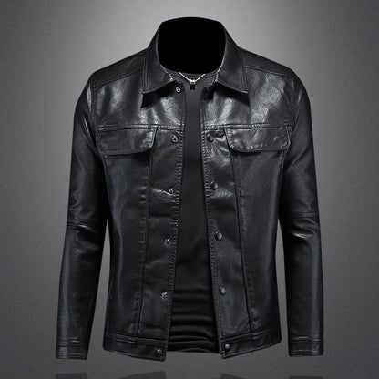 Men’s Solid Color Leather Coat – Slim Fit Moto Jacket