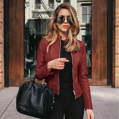 Women’s Slim PU Leather Jacket – Moto Biker Coat