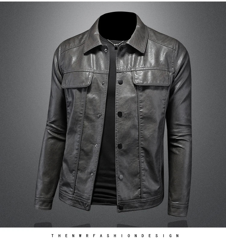 Men’s Solid Color Leather Coat – Slim Fit Moto Jacket