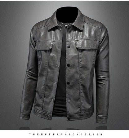 Men’s Solid Color Leather Coat – Slim Fit Moto Jacket