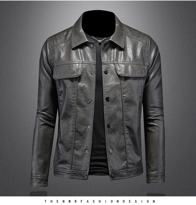 Men’s Solid Color Leather Coat – Slim Fit Moto Jacket