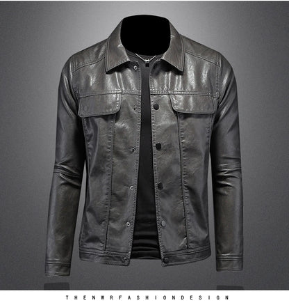 Men’s Solid Color Leather Coat – Slim Fit Moto Jacket