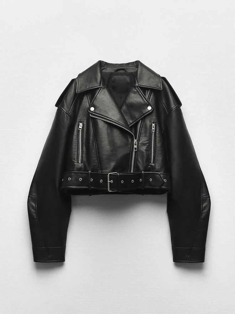 Women’s PU Leather Biker Jacket – Belted Short Coat